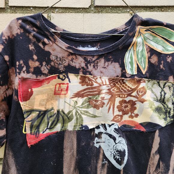 Handmade Upcycled Boho T-Shirt – Bleach-Dyed & Floral Patch Design - Picture 2 of 16